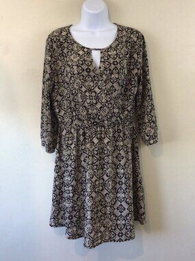 Lush Black & Tan Floral Print 3/4 Sleeve Elastic Waist Thin Dress